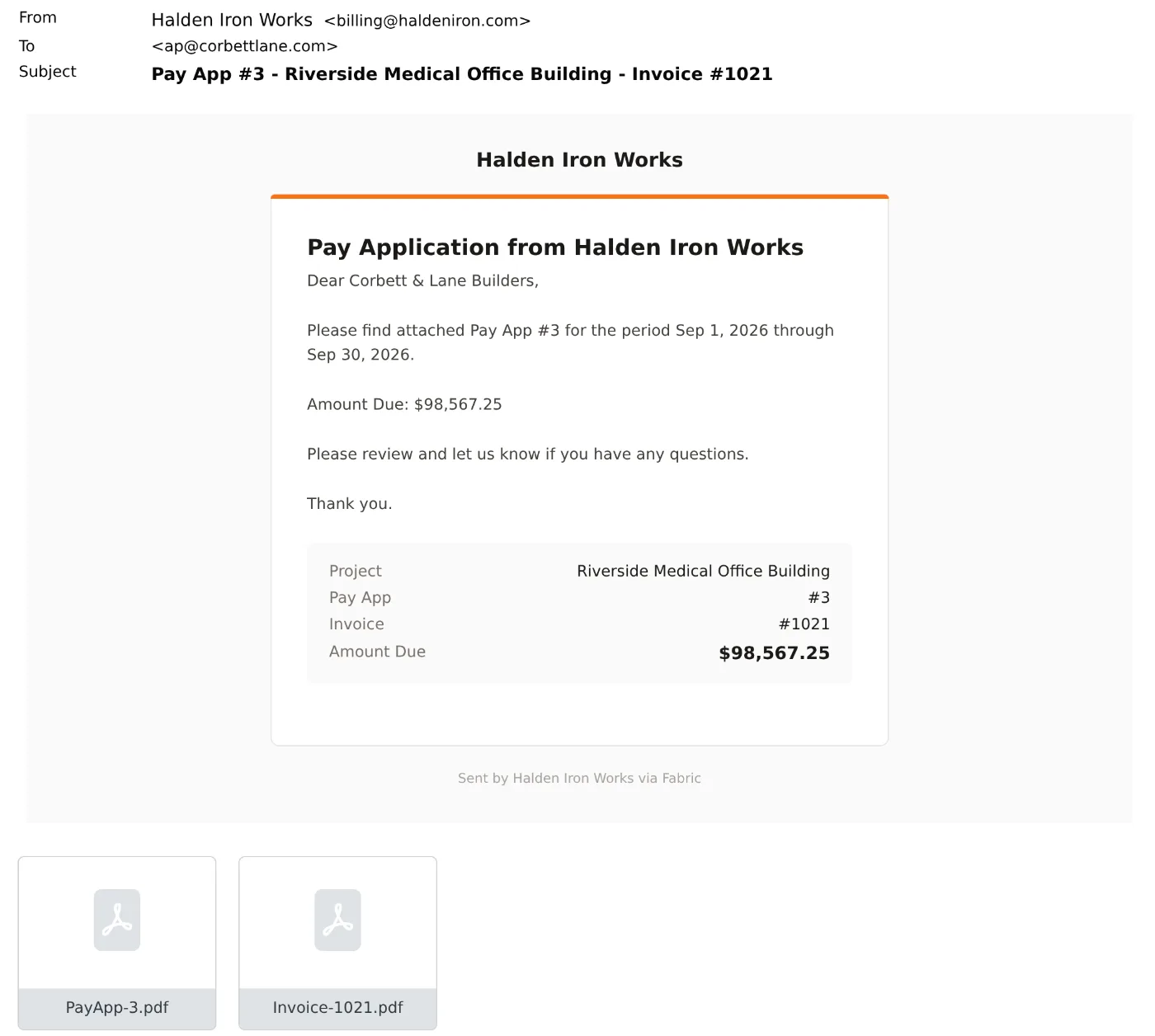 The email as Corbett & Lane Builders receives it, with PayApp-3.pdf and Invoice-1021.pdf attached.