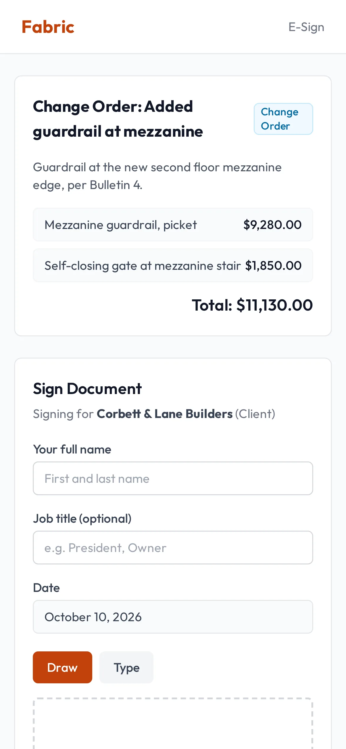 A change order signing page on a phone: full name, title, a drawn signature and the authorized-to-sign box.