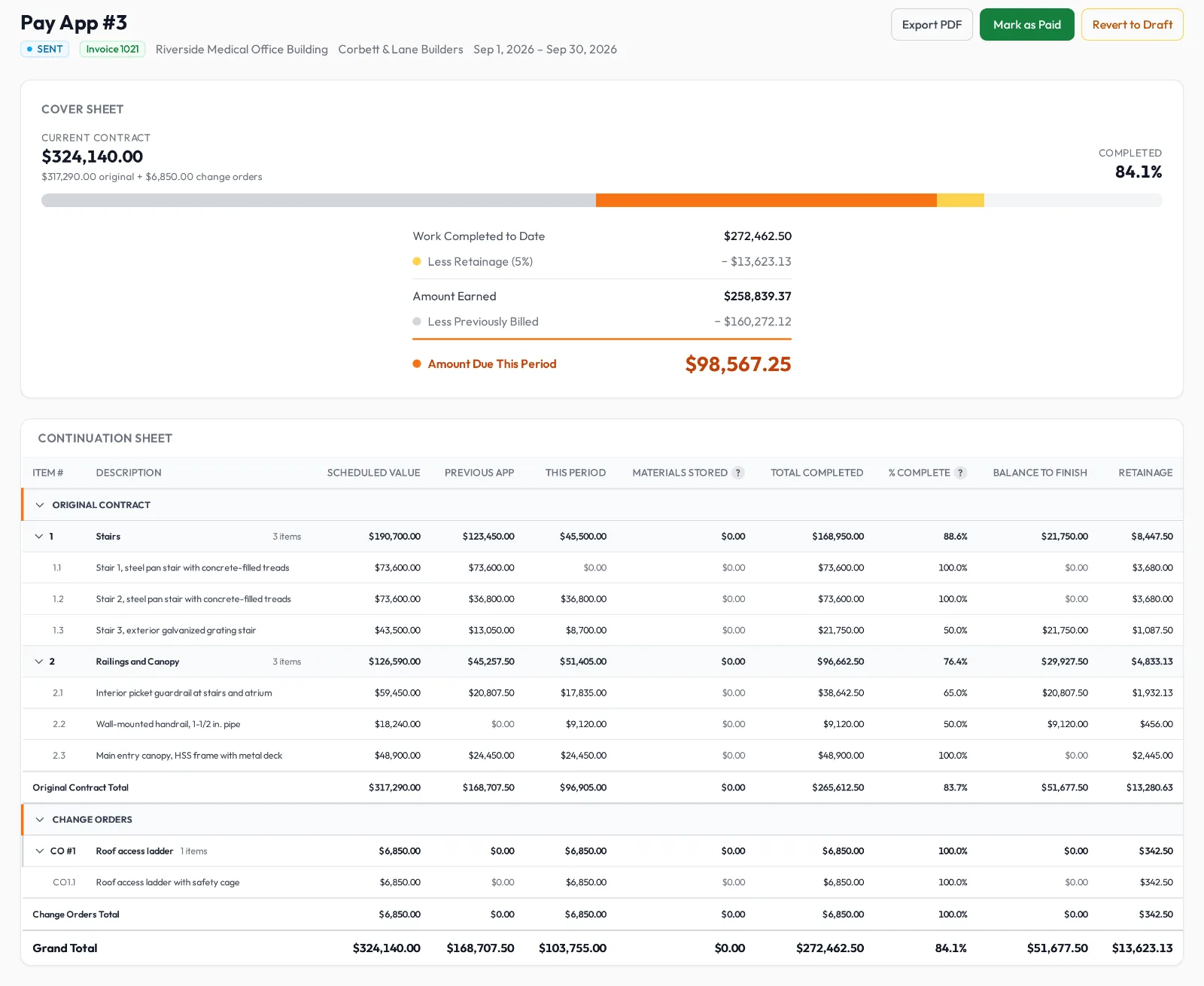 Pay app #3 for Riverside Medical Office Building: the cover sheet ending in $98,567.25 due, and the continuation sheet.