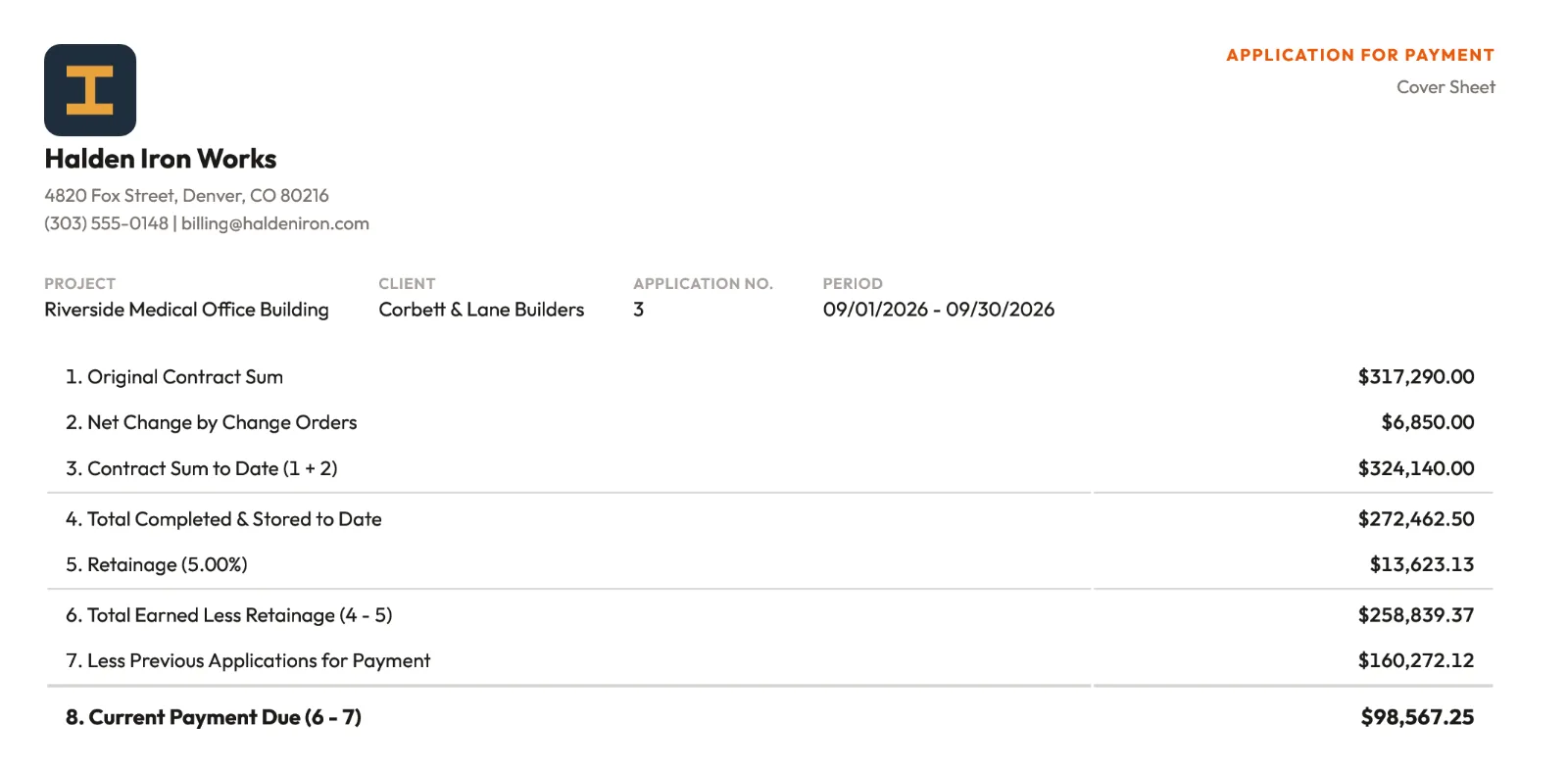 Pay app #3 PDF cover sheet: contract to date $324,140.00, $98,567.25 due.