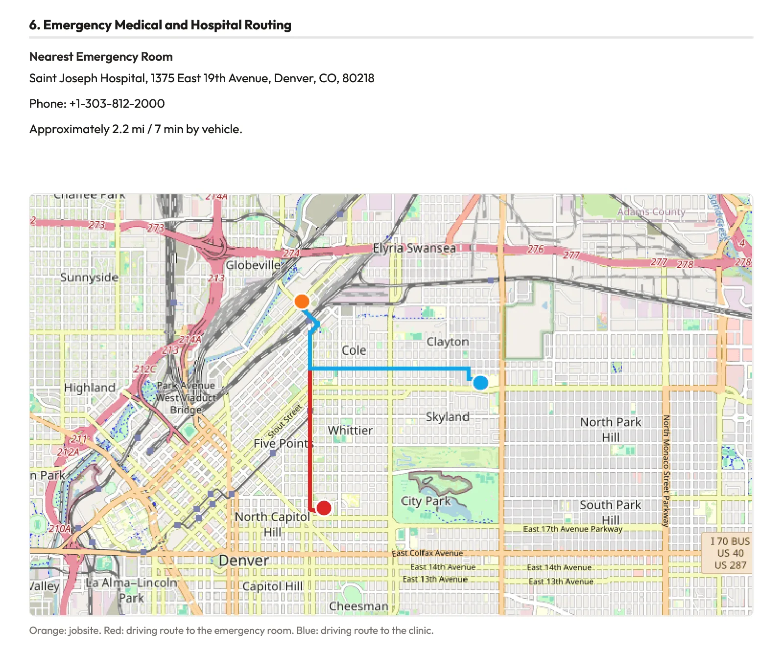Safety plan emergency page with the nearest emergency room and the driving routes on a map.