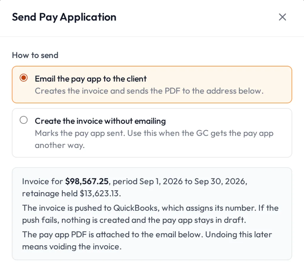 Save & Send dialog with the notice that the invoice is pushed to QuickBooks Online.