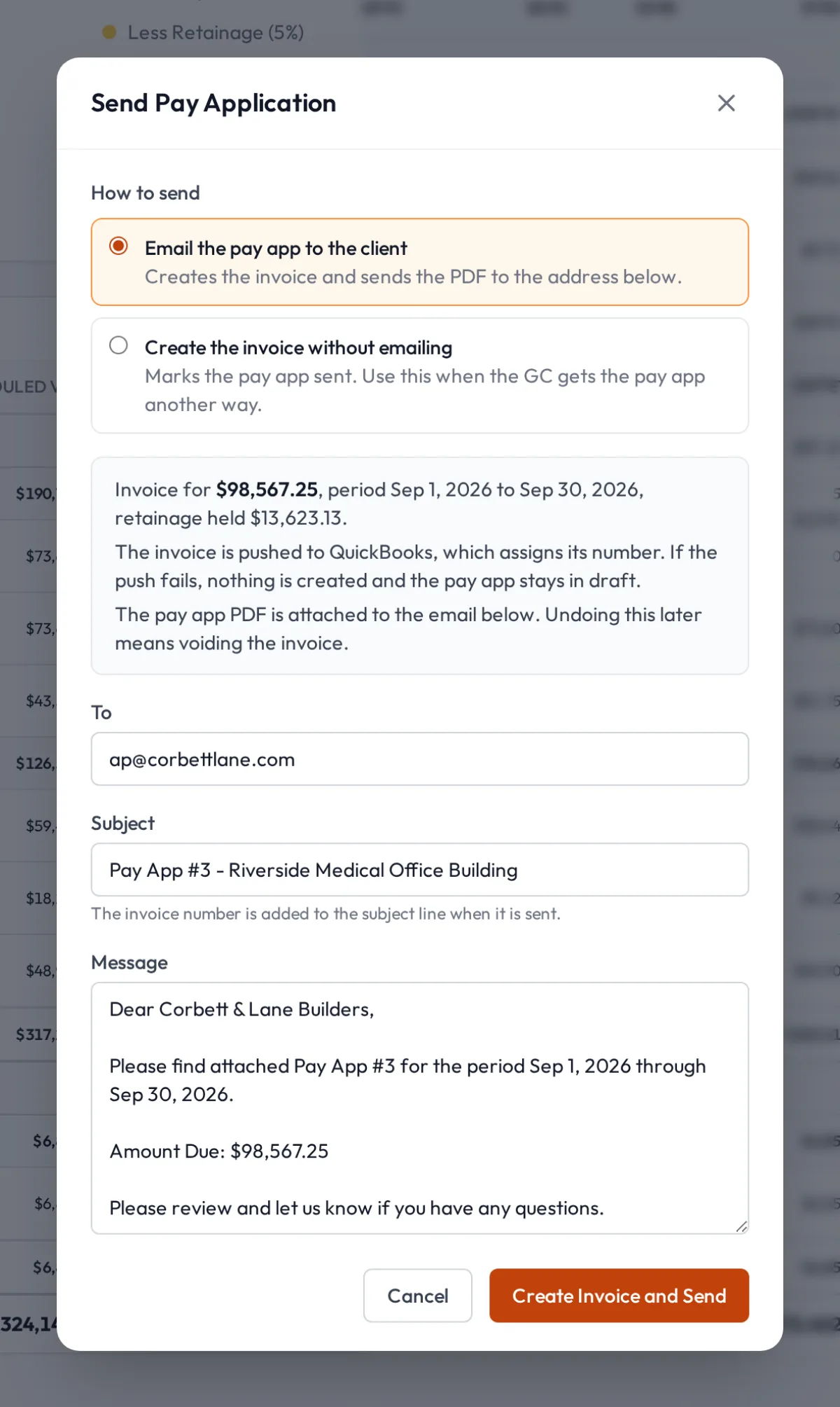 Send Pay Application dialog: invoice for $98,567.25, retainage held $13,623.13, the QuickBooks notice, and the email to Corbett & Lane Builders.