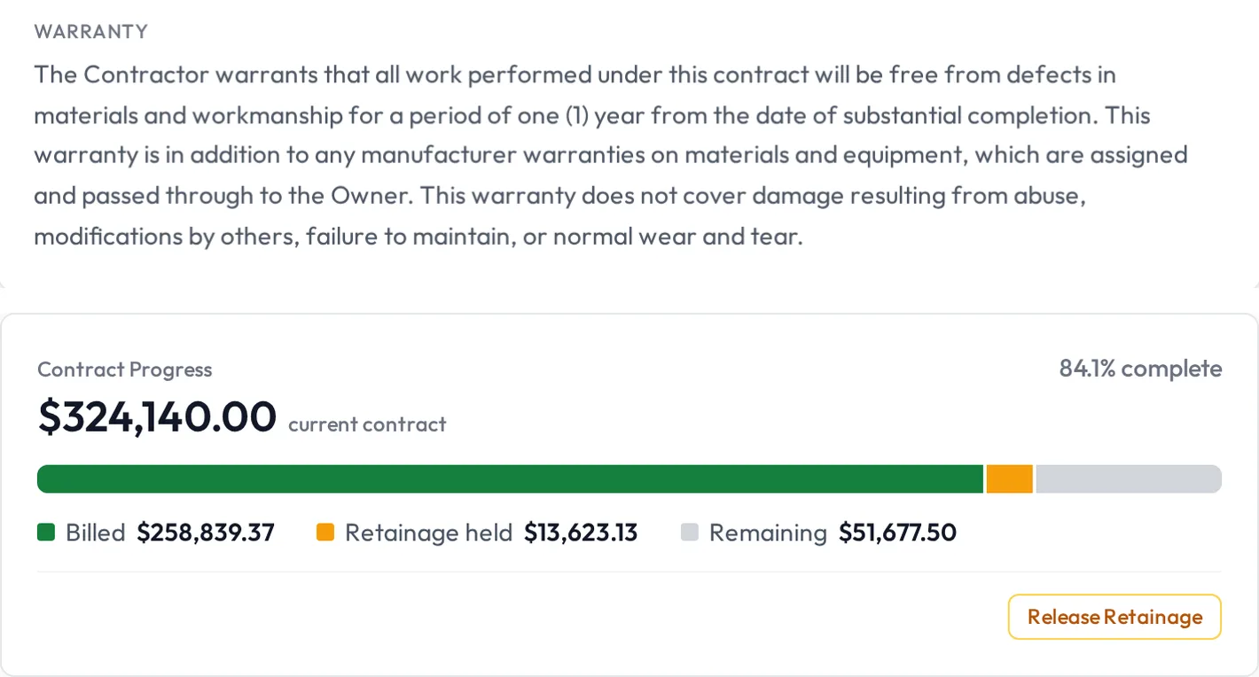 The warranty terms from the sample proposal PDF, above the job's contract progress with $13,623.13 retainage held and the Release Retainage button.